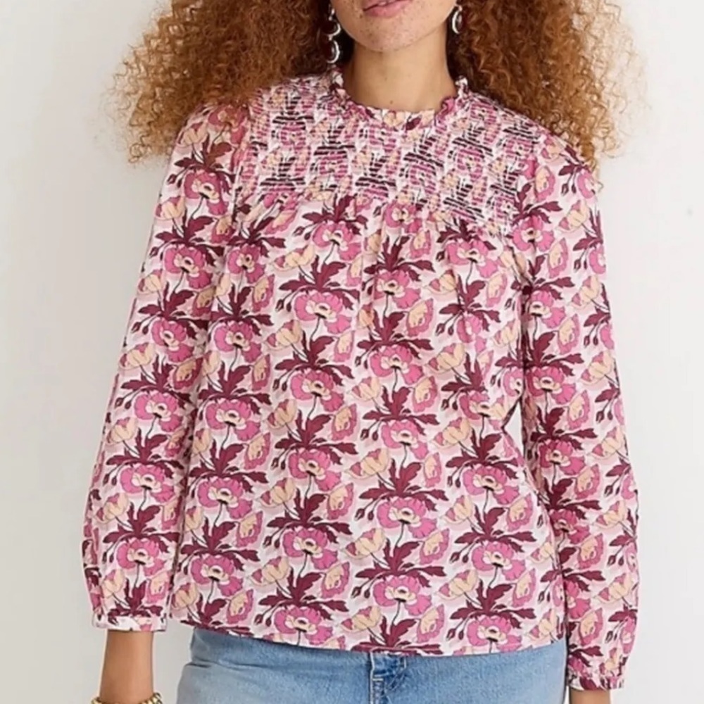 J.Crew Liberty London Smocked Button-Back Butterfield Poppy Print Cotton Top